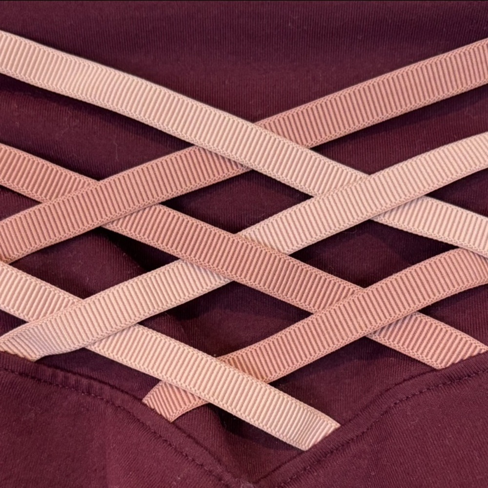 PowerHold by Fabletics Deep Burgundy Leggings + Light Pink Back Lace Detail, S/M - Picture 5 of 9